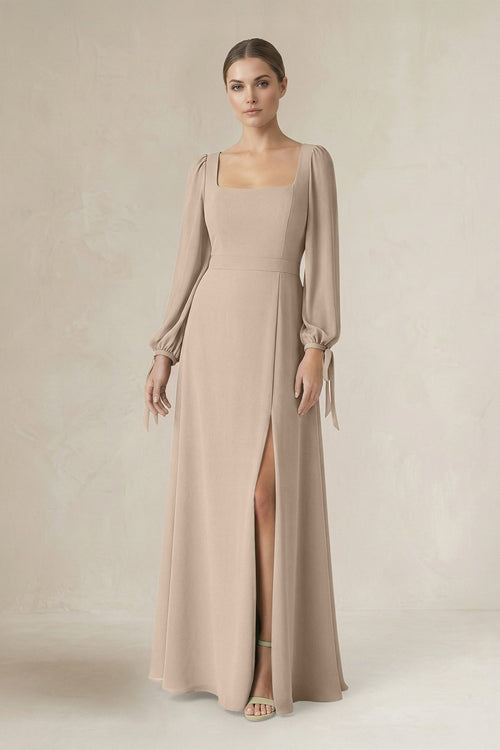 Square Neck Long Sleeve A-Line Chiffon Bridesmaid Dress in Almond - SHE IS ME BRIDESMAID DRESSES