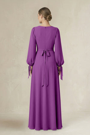 Square Neck Long Sleeve A-Line Chiffon Bridesmaid Dress in Amethyst - SHE IS ME BRIDESMAID DRESSES