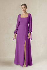 Square Neck Long Sleeve A-Line Chiffon Bridesmaid Dress in Amethyst - KISS BRIDAL BRIDESMAID DRESSES