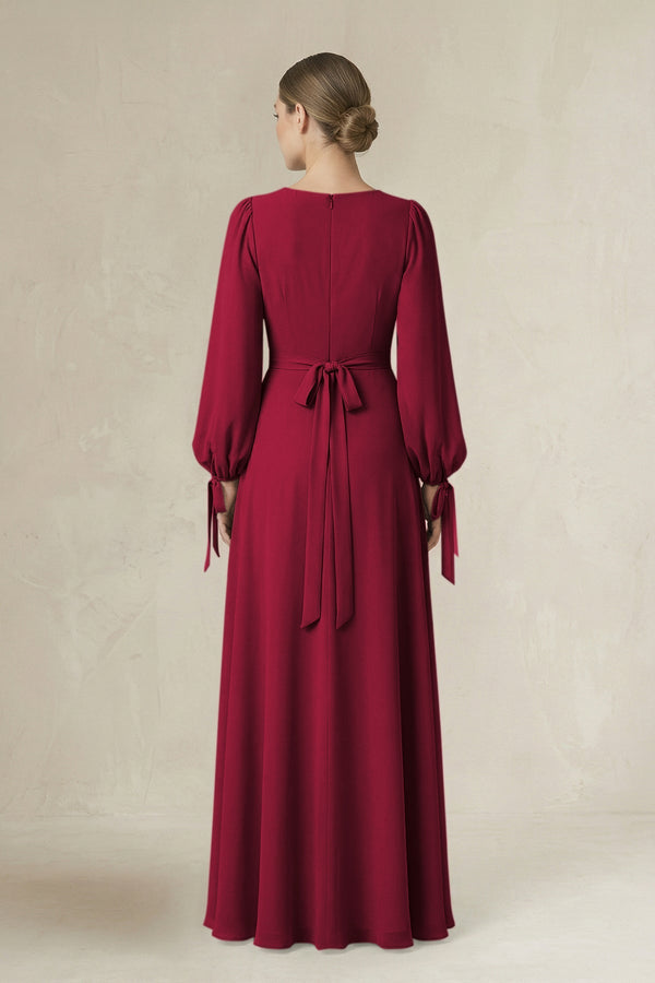 Square Neck Long Sleeve A-Line Chiffon Bridesmaid Dress in Berry - SHE IS ME BRIDESMAID DRESSES