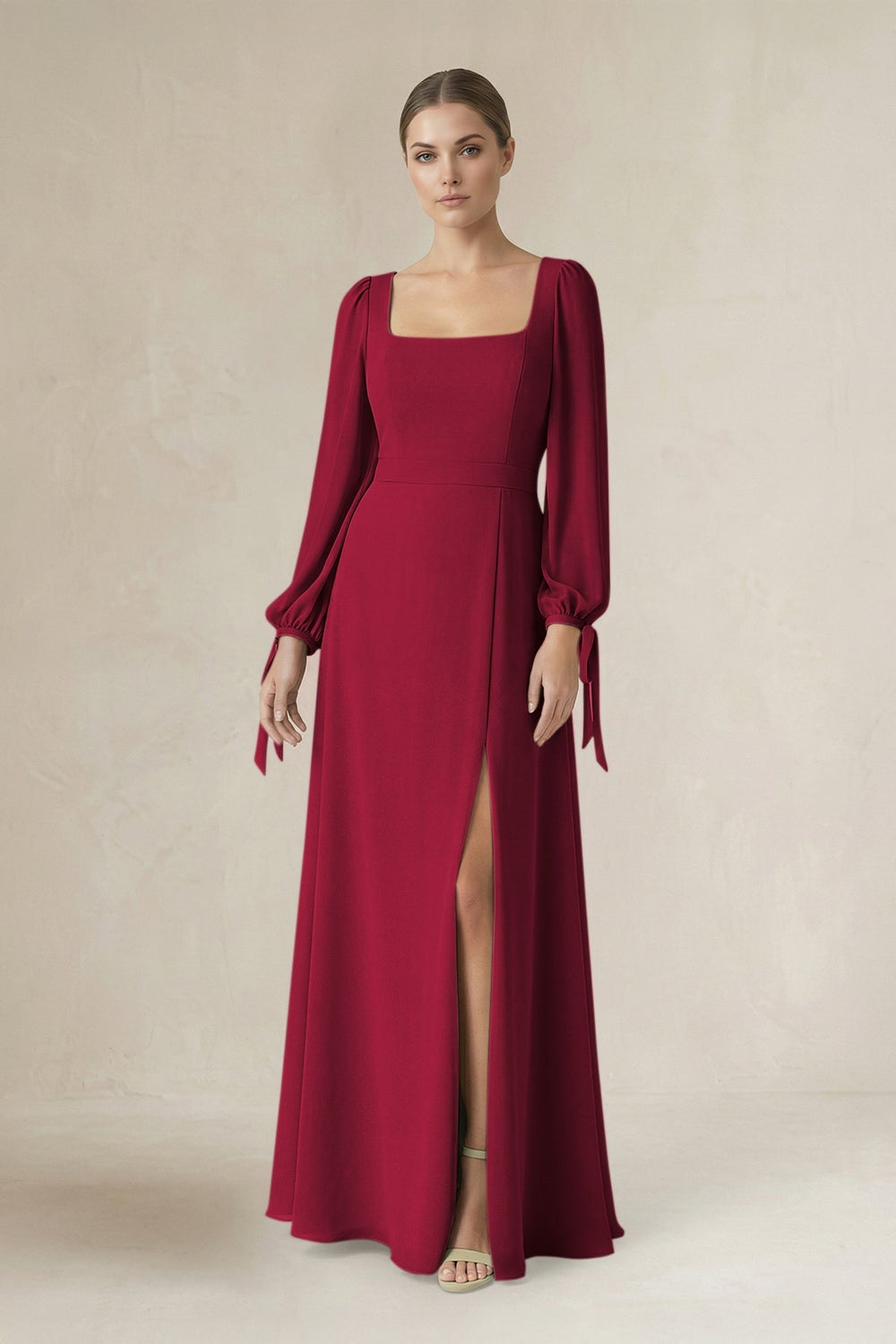Square Neck Long Sleeve A-Line Chiffon Bridesmaid Dress in Berry - KISS BRIDAL BRIDESMAID DRESSES