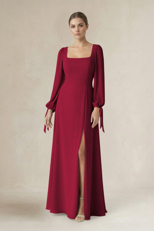 Square Neck Long Sleeve A-Line Chiffon Bridesmaid Dress in Berry - SHE IS ME BRIDESMAID DRESSES