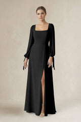 Square Neck Long Sleeve A-Line Chiffon Bridesmaid Dress in Black - KISS BRIDAL BRIDESMAID DRESSES
