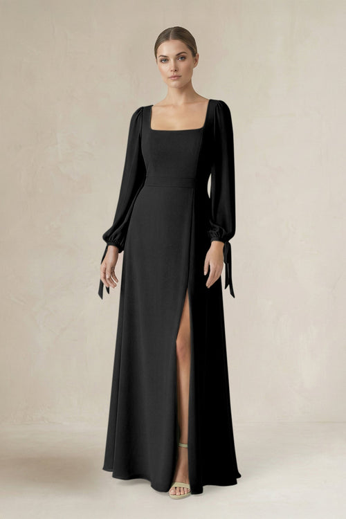 Square Neck Long Sleeve A-Line Chiffon Bridesmaid Dress in Black - SHE IS ME BRIDESMAID DRESSES