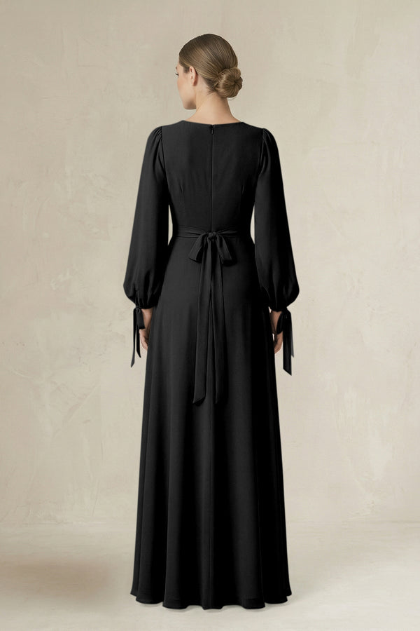 Square Neck Long Sleeve A-Line Chiffon Bridesmaid Dress in Black - SHE IS ME BRIDESMAID DRESSES
