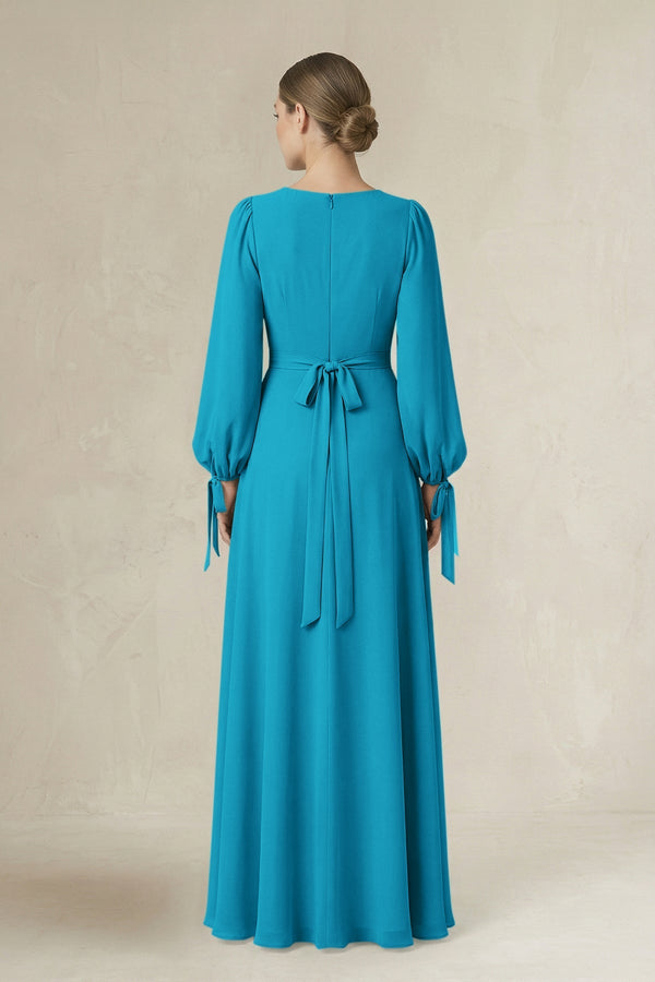 Square Neck Long Sleeve A-Line Chiffon Bridesmaid Dress in Blue Jay - SHE IS ME BRIDESMAID DRESSES