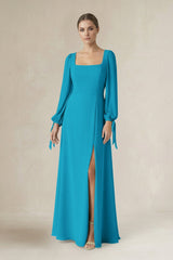 Square Neck Long Sleeve A-Line Chiffon Bridesmaid Dress in Blue Jay - KISS BRIDAL BRIDESMAID DRESSES