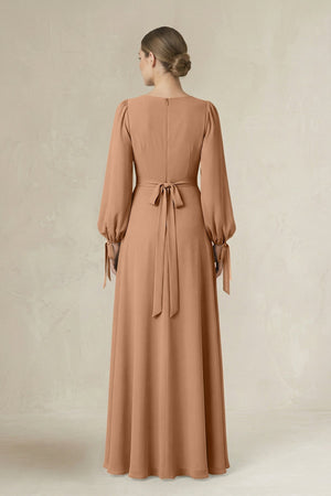 Square Neck Long Sleeve A-Line Chiffon Bridesmaid Dress in Bronzer - SHE IS ME BRIDESMAID DRESSES