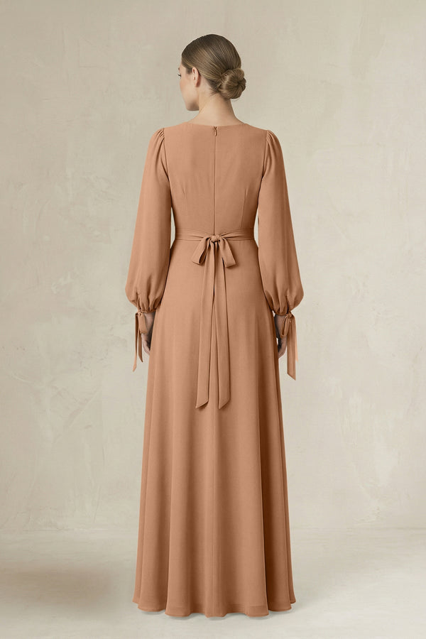 Square Neck Long Sleeve A-Line Chiffon Bridesmaid Dress in Bronzer - SHE IS ME BRIDESMAID DRESSES