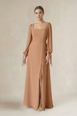 Square Neck Long Sleeve A-Line Chiffon Bridesmaid Dress in Bronzer - KISS BRIDAL BRIDESMAID DRESSES
