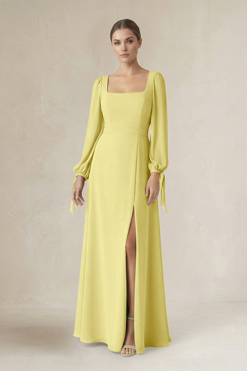 Square Neck Long Sleeve A-Line Chiffon Bridesmaid Dress in Buttercup - SHE IS ME BRIDESMAID DRESSES