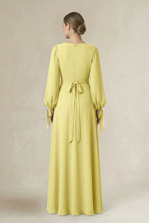 Square Neck Long Sleeve A-Line Chiffon Bridesmaid Dress in Buttercup - SHE IS ME BRIDESMAID DRESSES