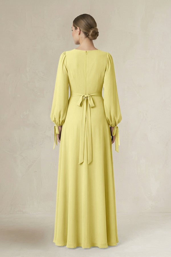Square Neck Long Sleeve A-Line Chiffon Bridesmaid Dress in Buttercup - SHE IS ME BRIDESMAID DRESSES