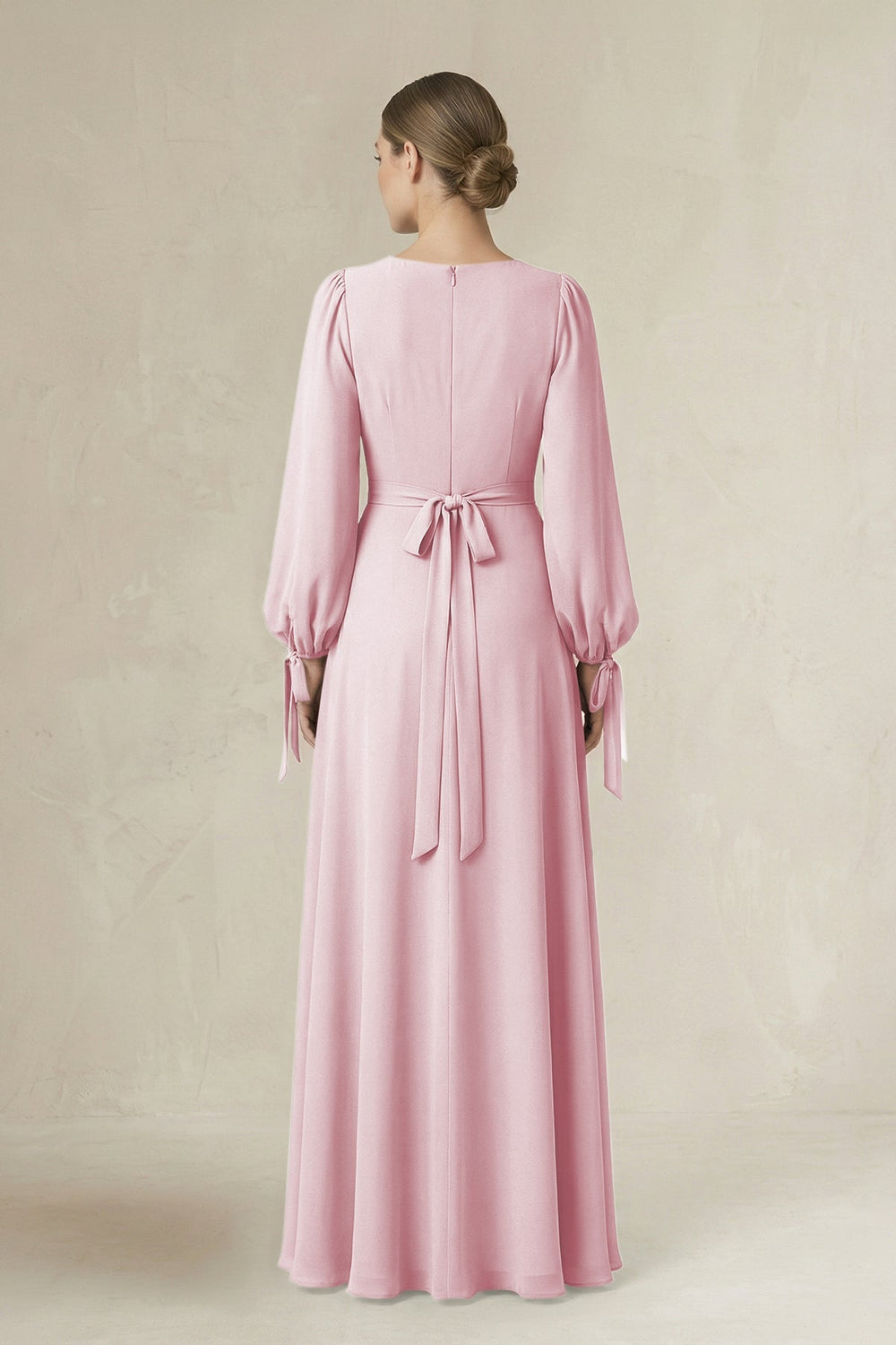 Square Neck Long Sleeve A-Line Chiffon Bridesmaid Dress in Candy Pink - KISS BRIDAL BRIDESMAID DRESSES