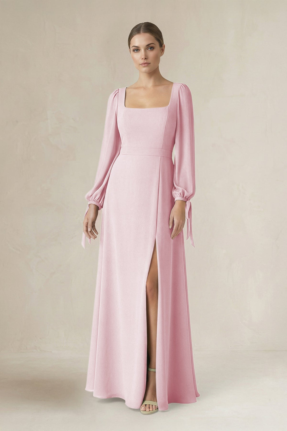 Square Neck Long Sleeve A-Line Chiffon Bridesmaid Dress in Candy Pink - KISS BRIDAL BRIDESMAID DRESSES