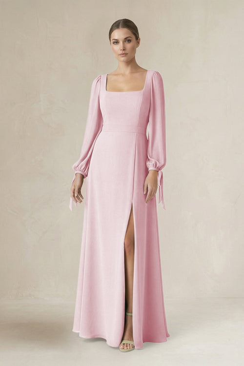 Square Neck Long Sleeve A-Line Chiffon Bridesmaid Dress in Candy Pink - SHE IS ME BRIDESMAID DRESSES