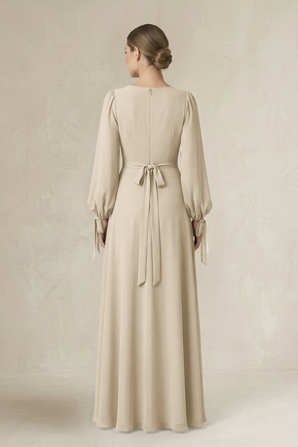 Square Neck Long Sleeve A-Line Chiffon Bridesmaid Dress in Champagne - KISS BRIDAL BRIDESMAID DRESSES