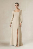 Square Neck Long Sleeve A-Line Chiffon Bridesmaid Dress in Champagne - SHE IS ME BRIDESMAID DRESSES