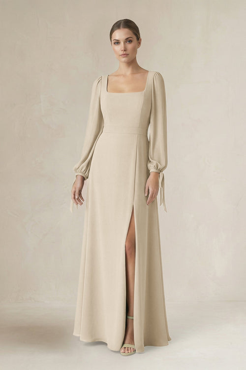 Square Neck Long Sleeve A-Line Chiffon Bridesmaid Dress in Champagne - SHE IS ME BRIDESMAID DRESSES