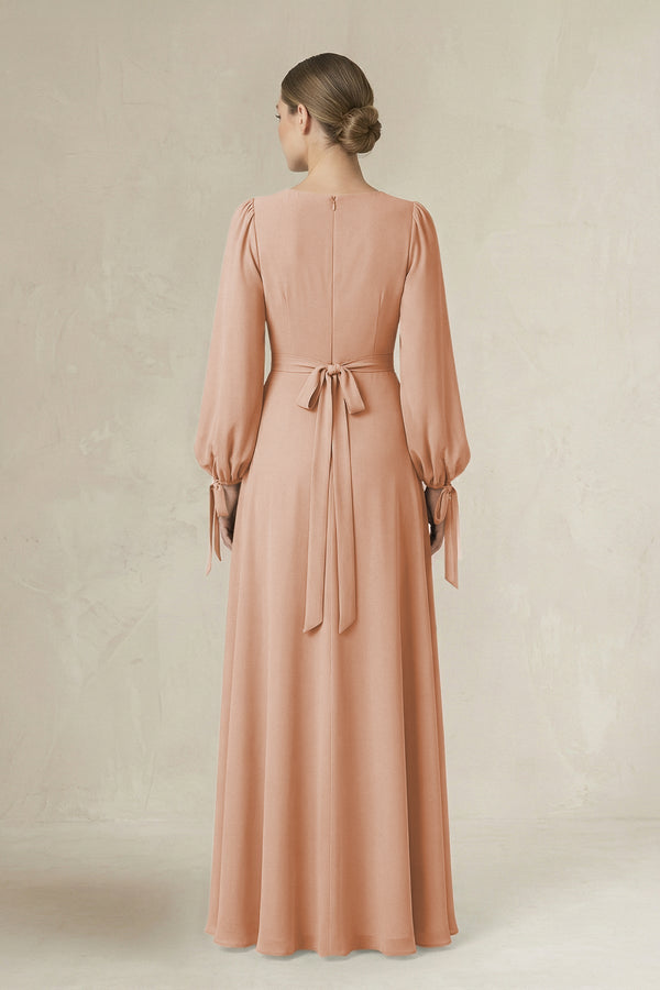 Square Neck Long Sleeve A-Line Chiffon Bridesmaid Dress in Champagne Rose - SHE IS ME BRIDESMAID DRESSES