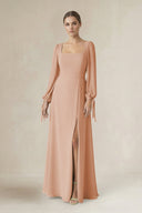 Square Neck Long Sleeve A-Line Chiffon Bridesmaid Dress in Champagne Rose - SHE IS ME BRIDESMAID DRESSES