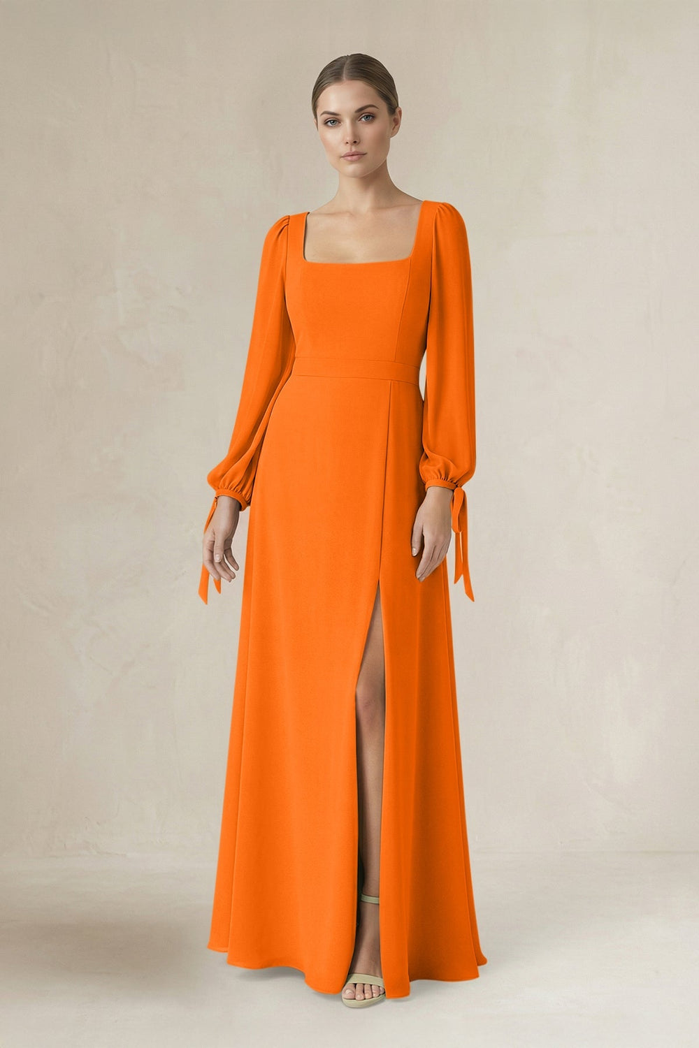 Square Neck Long Sleeve A-Line Chiffon Bridesmaid Dress in Cinnamon - KISS BRIDAL BRIDESMAID DRESSES