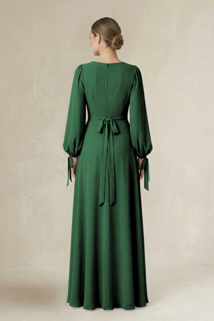 Square Neck Long Sleeve A-Line Chiffon Bridesmaid Dress in Dark Green - SHE IS ME BRIDESMAID DRESSES
