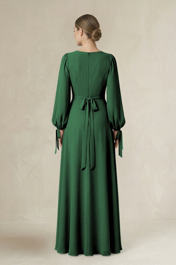 Square Neck Long Sleeve A-Line Chiffon Bridesmaid Dress in Dark Green - SHE IS ME BRIDESMAID DRESSES