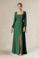 Square Neck Long Sleeve A-Line Chiffon Bridesmaid Dress in Dark Green - SHE IS ME BRIDESMAID DRESSES