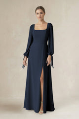 Square Neck Long Sleeve A-Line Chiffon Bridesmaid Dress in Dark Navy - KISS BRIDAL BRIDESMAID DRESSES