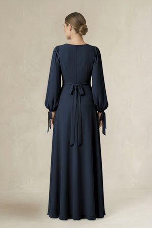 Square Neck Long Sleeve A-Line Chiffon Bridesmaid Dress in Dark Navy - SHE IS ME BRIDESMAID DRESSES