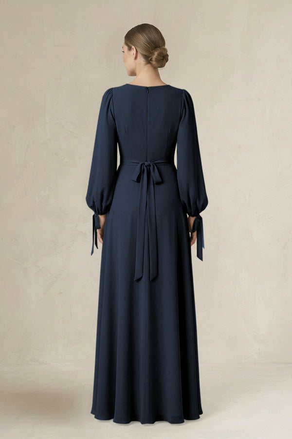 Square Neck Long Sleeve A-Line Chiffon Bridesmaid Dress in Dark Navy - SHE IS ME BRIDESMAID DRESSES