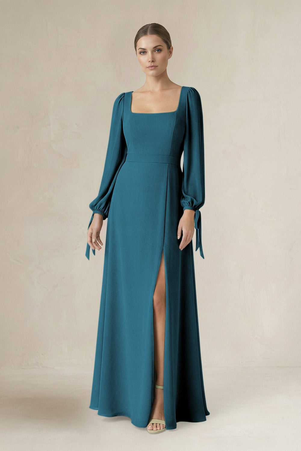 Square Neck Long Sleeve A-Line Chiffon Bridesmaid Dress in Dark Teal - KISS BRIDAL BRIDESMAID DRESSES
