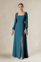 Square Neck Long Sleeve A-Line Chiffon Bridesmaid Dress in Dark Teal - KISS BRIDAL BRIDESMAID DRESSES