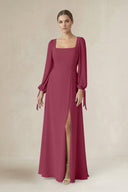 Square Neck Long Sleeve A-Line Chiffon Bridesmaid Dress in Desert Rose - SHE IS ME BRIDESMAID DRESSES