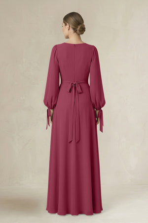 Square Neck Long Sleeve A-Line Chiffon Bridesmaid Dress in Desert Rose - SHE IS ME BRIDESMAID DRESSES