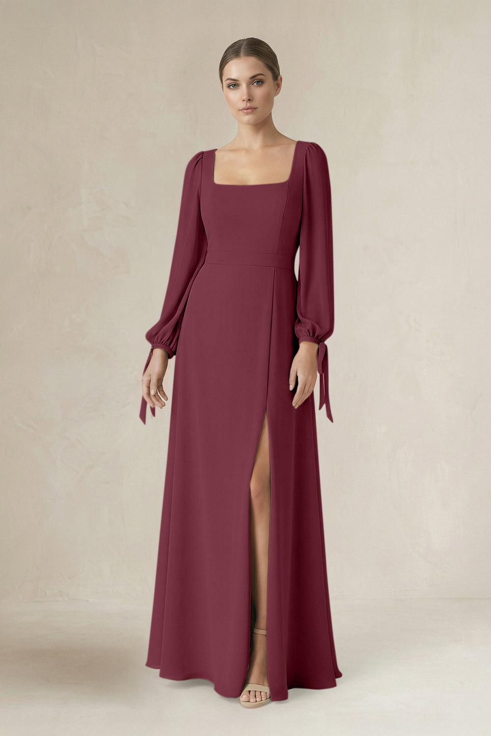 Square Neck Long Sleeve A-Line Chiffon Bridesmaid Dress in Desert Rose