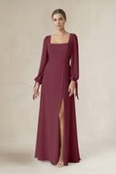 Square Neck Long Sleeve A-Line Chiffon Bridesmaid Dress in Desert Rose | KISSBRIDAL