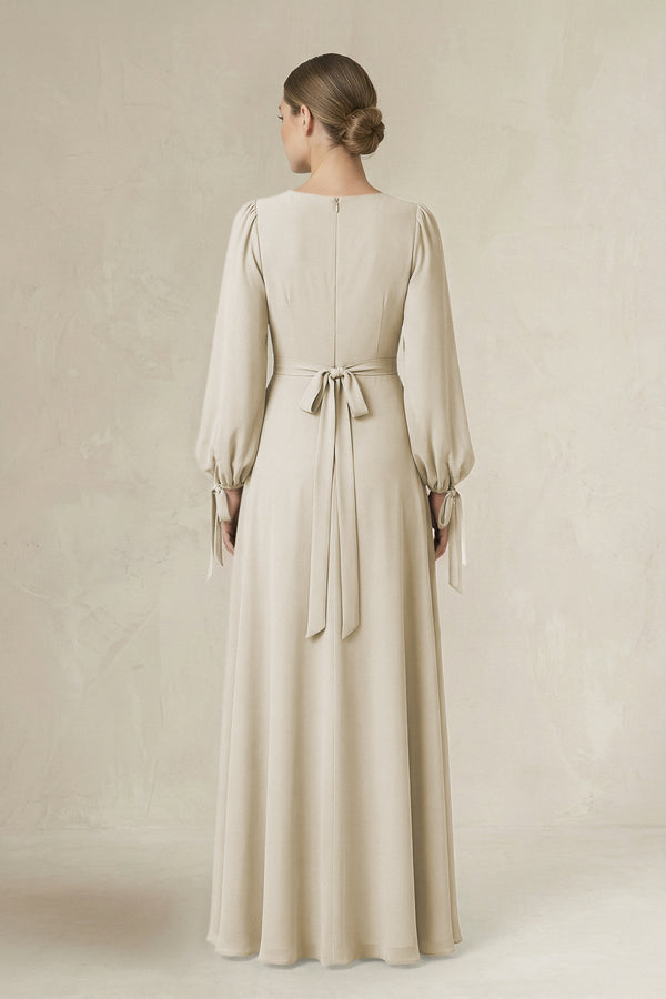 Square Neck Long Sleeve A-Line Chiffon Bridesmaid Dress in Dove Gray - SHE IS ME BRIDESMAID DRESSES