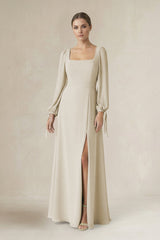 Square Neck Long Sleeve A-Line Chiffon Bridesmaid Dress in Dove Gray - KISS BRIDAL BRIDESMAID DRESSES