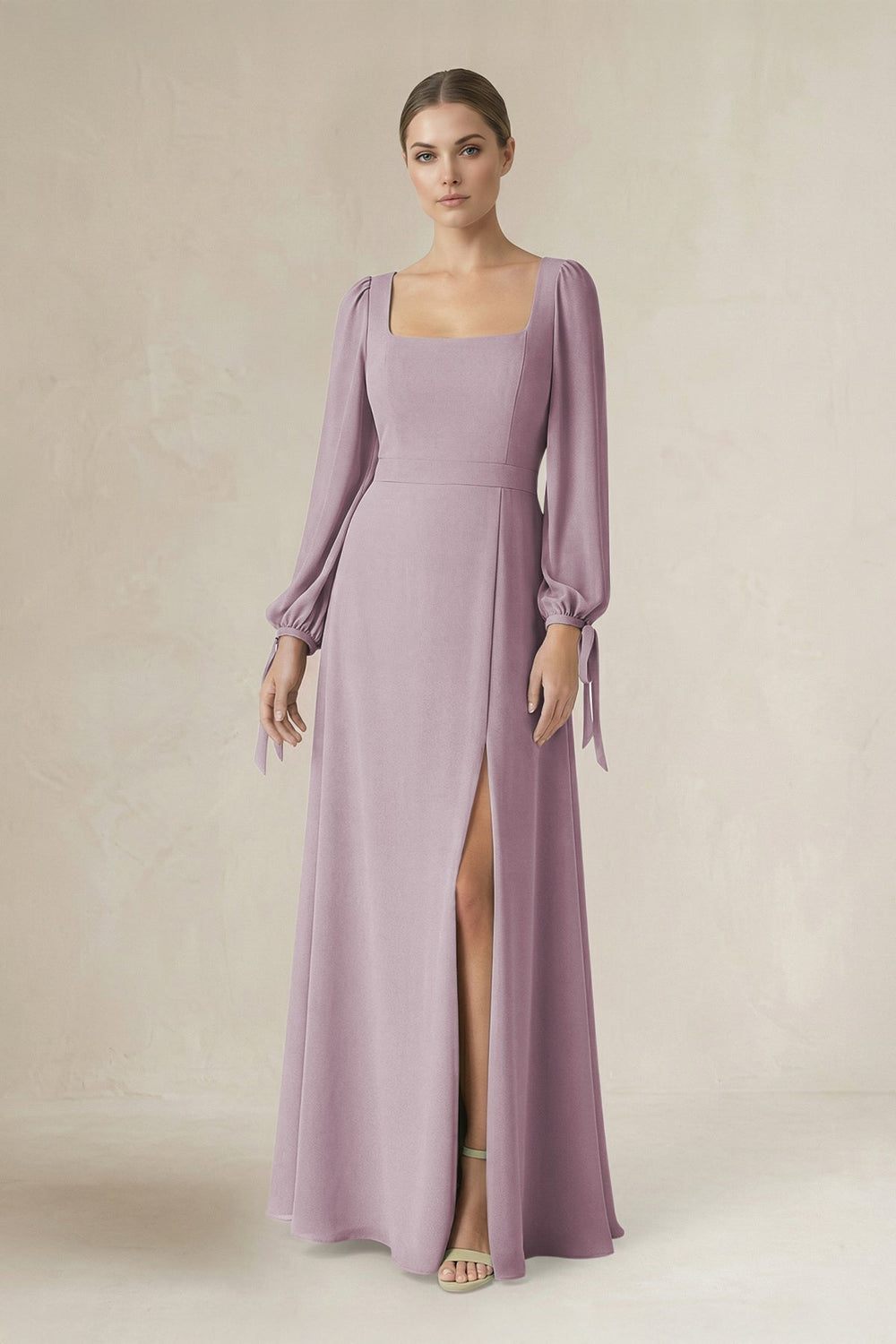 Square Neck Long Sleeve A-Line Chiffon Bridesmaid Dress in Dusk - KISS BRIDAL BRIDESMAID DRESSES