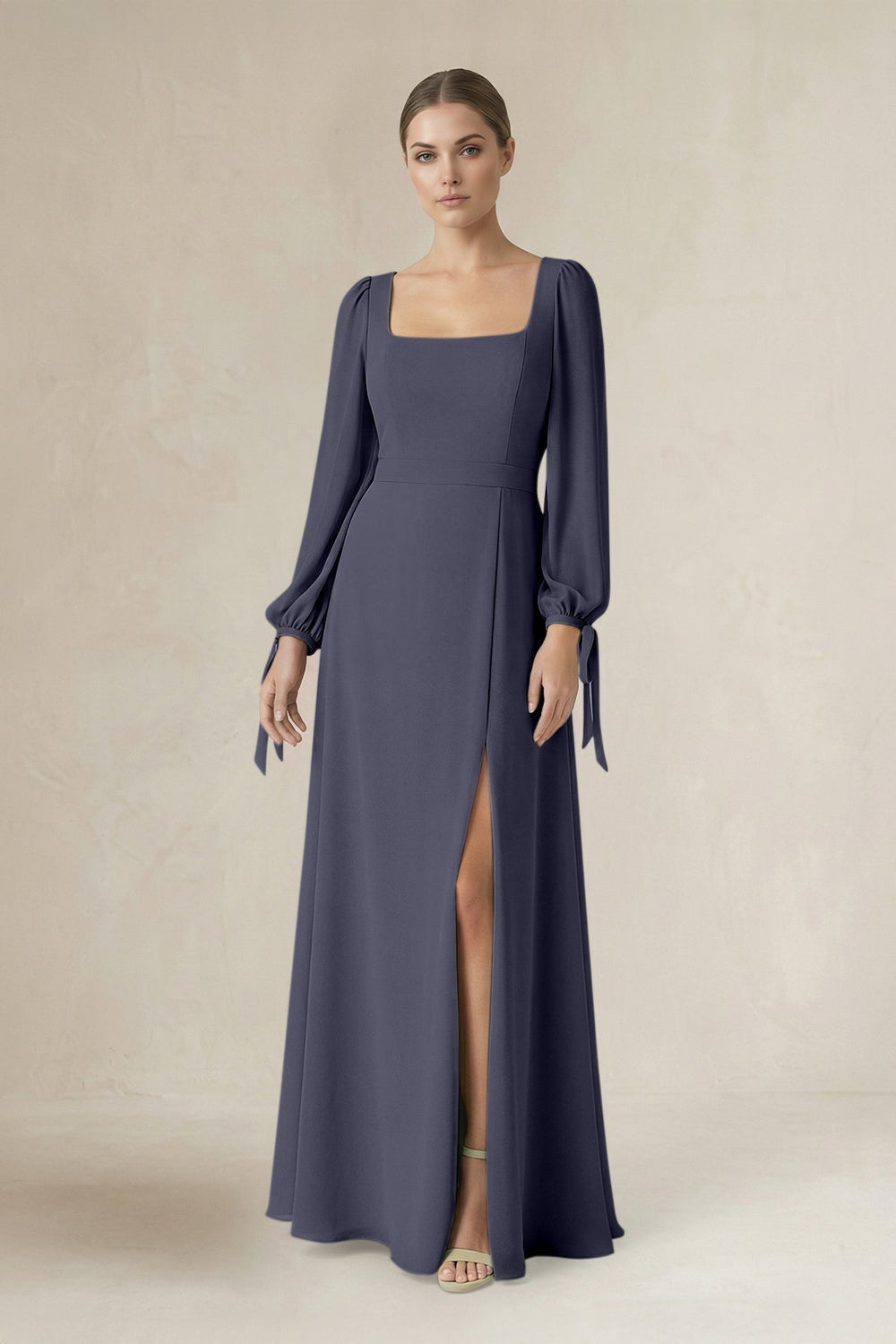 Square Neck Long Sleeve A-Line Chiffon Bridesmaid Dress in Dusk Blue - KISS BRIDAL BRIDESMAID DRESSES