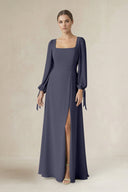 Square Neck Long Sleeve A-Line Chiffon Bridesmaid Dress in Dusk Blue - SHE IS ME BRIDESMAID DRESSES