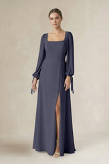 Square Neck Long Sleeve A-Line Chiffon Bridesmaid Dress in Dusk Blue - KISS BRIDAL BRIDESMAID DRESSES