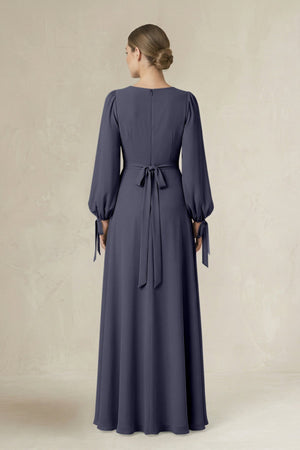 Square Neck Long Sleeve A-Line Chiffon Bridesmaid Dress in Dusk Blue - SHE IS ME BRIDESMAID DRESSES