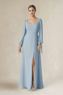 Square Neck Long Sleeve A-Line Chiffon Bridesmaid Dress in Dusty Blue - SHE IS ME BRIDESMAID DRESSES