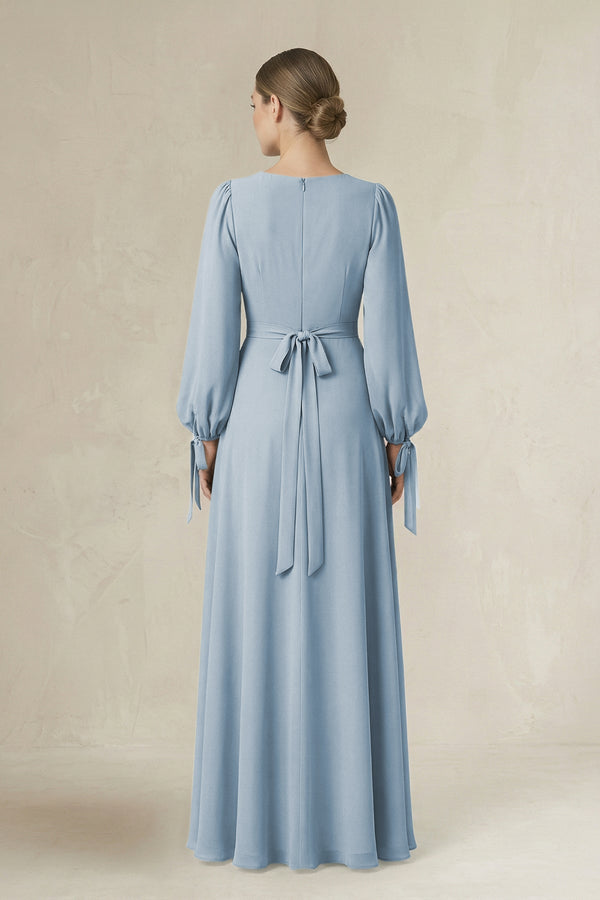 Square Neck Long Sleeve A-Line Chiffon Bridesmaid Dress in Dusty Blue - SHE IS ME BRIDESMAID DRESSES