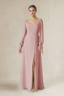 Square Neck Long Sleeve A-Line Chiffon Bridesmaid Dress in Dusty Rose - SHE IS ME BRIDESMAID DRESSES