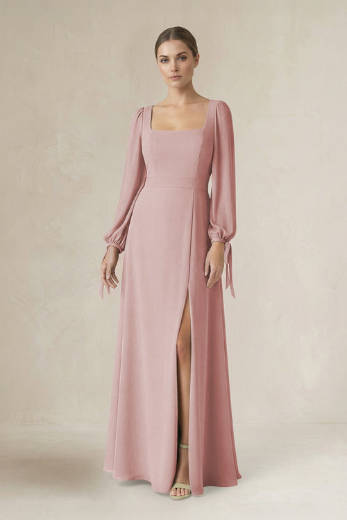 Square Neck Long Sleeve A-Line Chiffon Bridesmaid Dress in Dusty Rose - SHE IS ME BRIDESMAID DRESSES