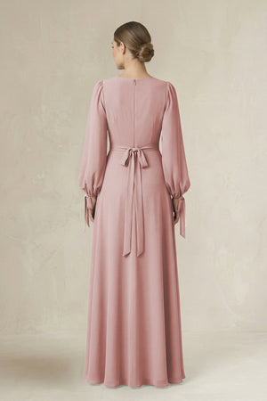 Square Neck Long Sleeve A-Line Chiffon Bridesmaid Dress in Dusty Rose - SHE IS ME BRIDESMAID DRESSES